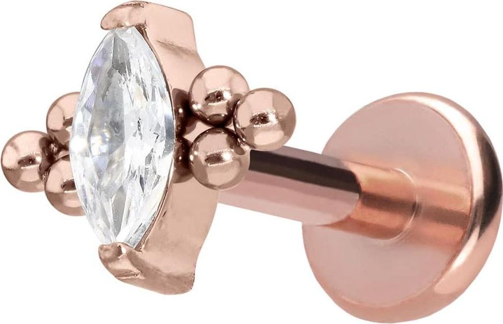 Ohrpiercing, Nasenpiercing Titan Labret mit Push Fit KRISTALLTROPFEN + 6 KUGELN RoséGold Stablänge: 8mm | Stabstärke: 1,2mm