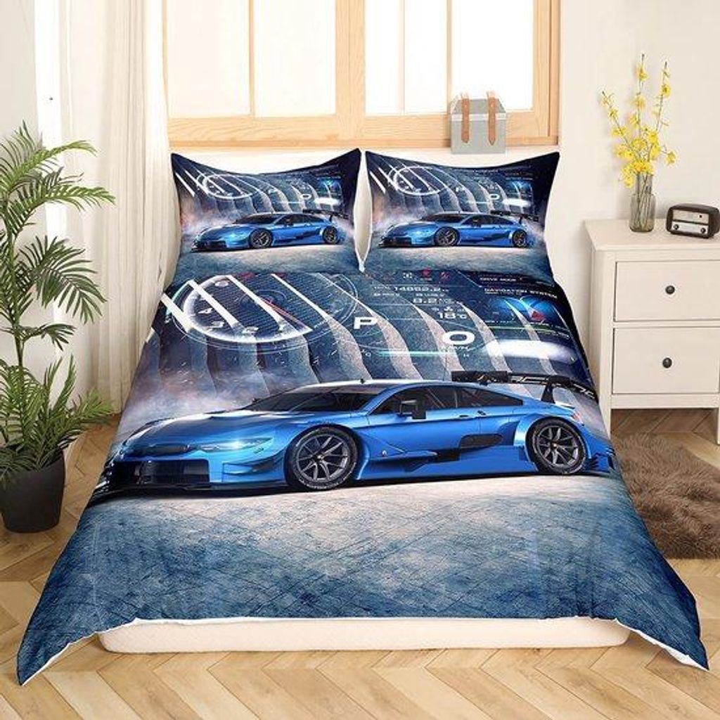 Unyqoos Rennwagen-Bettwäsche-Set für Jungen mit 3D-Druck in Blau und Grau, 155 x 220 cm
