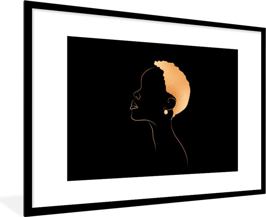MuchoWow Gerahmtes Poster Frau - Strichzeichnung - Schwarz - Gold 90x60 cm - Poster mit Schwarzem Bilderrahmen Wandposter Rahmen Foto Bilder - Wa...