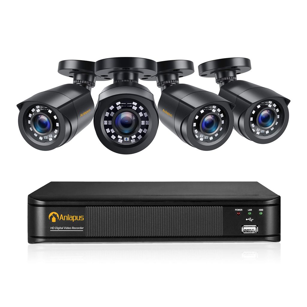 Anlapus Verkabelt 1080P Überwachungskamera Set, 8CH DVR mit 500GB HDD, 4X 2MP Bullet Kameras für Außen, IR Nachtsicht, Personen- und Fahrzeugerk...