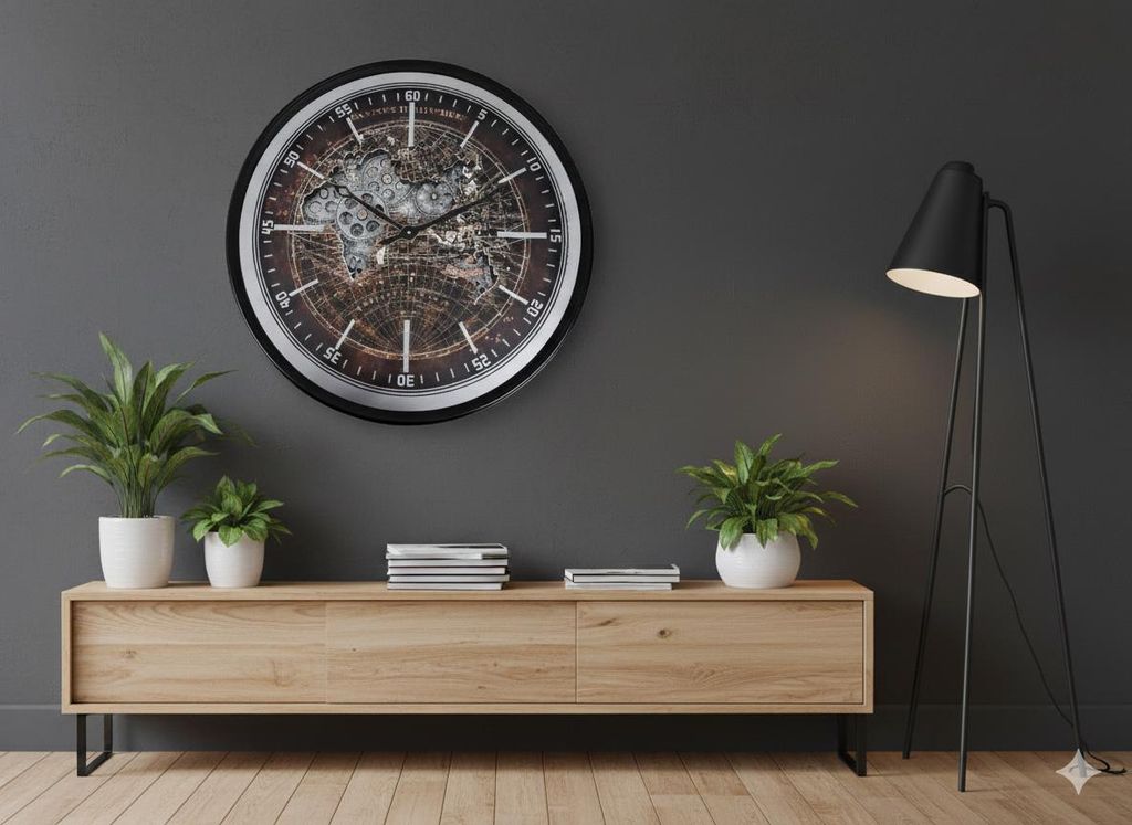 formano Große Moderne Wanduhr Welt mit Beweglichen Zahnrädern 60cm, Metall Clock