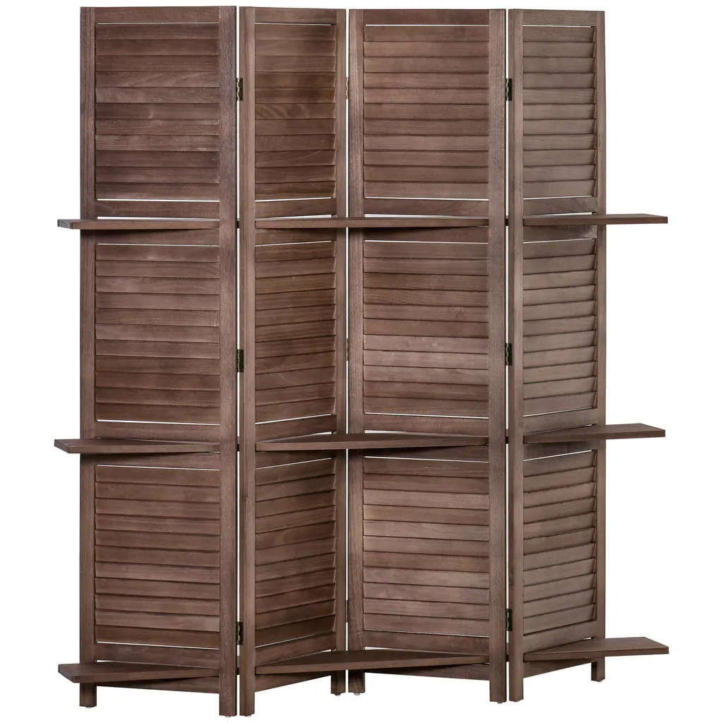HOMCOM Paravent à volets en bois noyer 4 panneaux 162x170 cm à étagères
