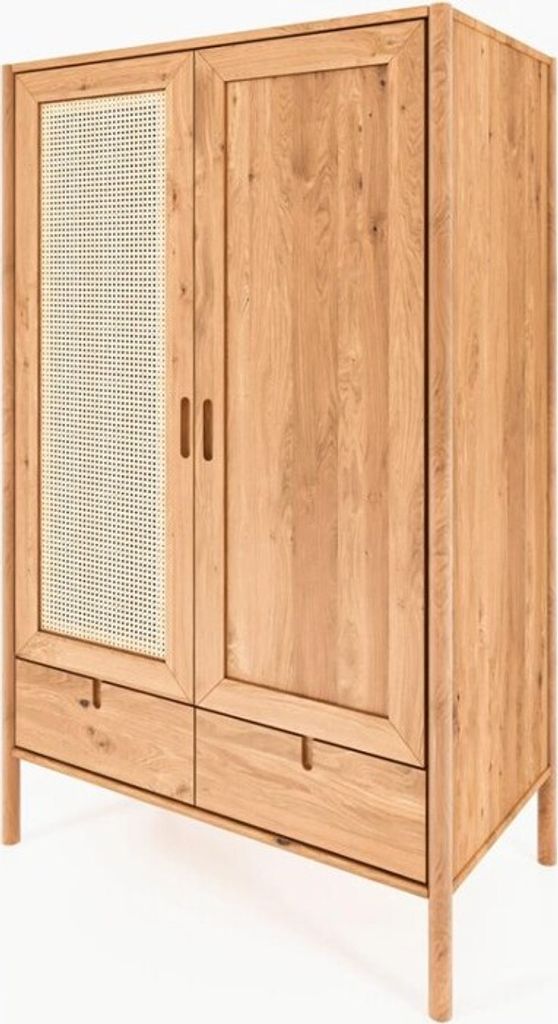 Kleiderschrank Zola Wildeiche massiv mit Rattan 108x175 mit 2 Türen 2 Schubladen