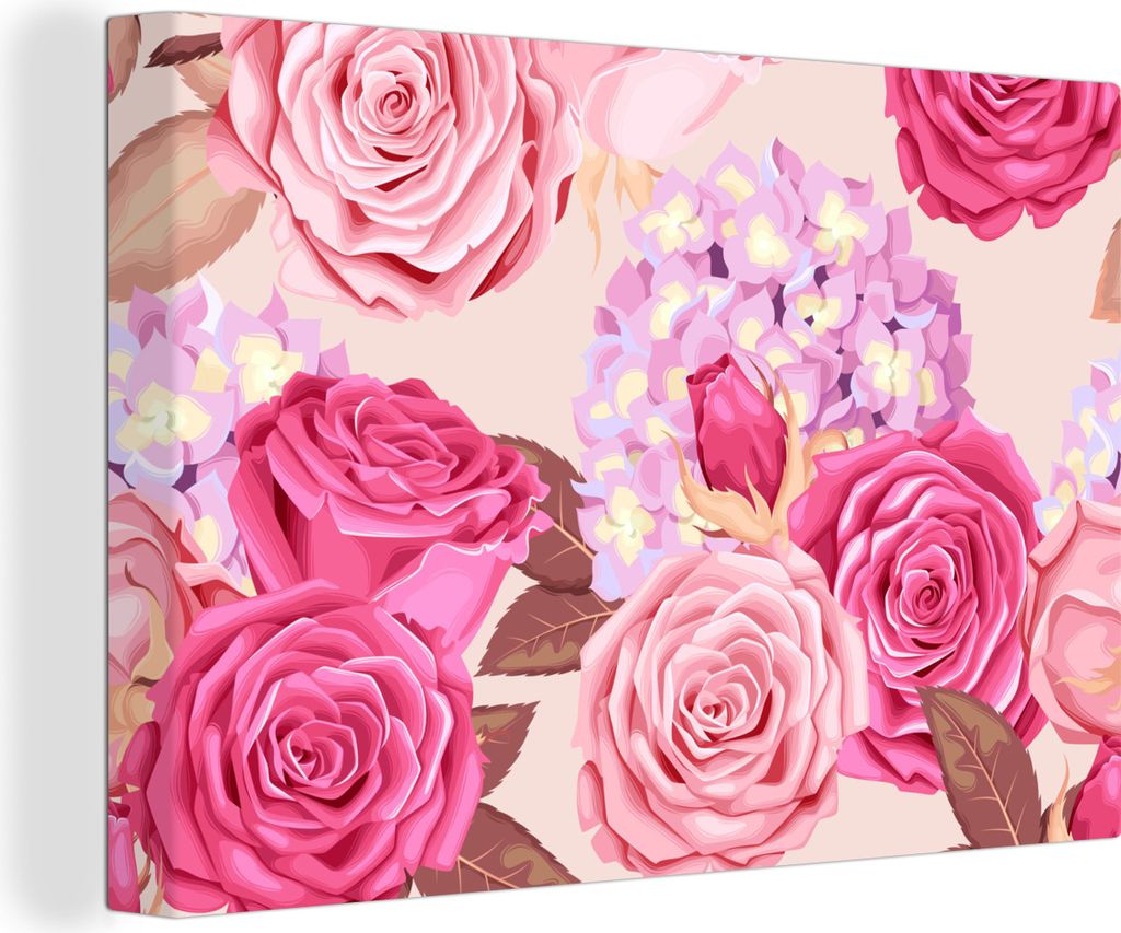 OneMillionCanvasses - Leinwandbilder - 150x100 cm, Rosen - Hortensien - Blumen - Rosa, Wandbilder Kunstdruck Wanddekoration