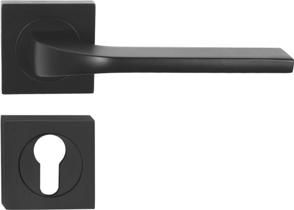 A black door handle set with a square rosette and a keyhole escutcheon, presented against a white background.