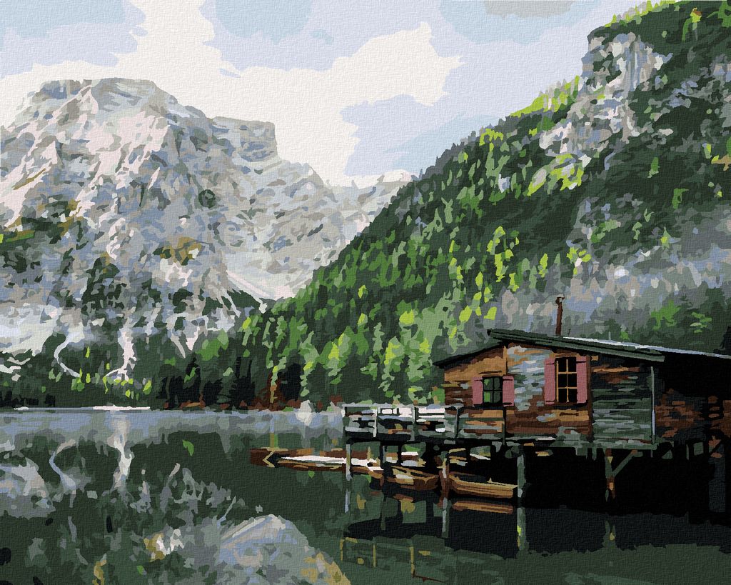 Zuty - Malen nach Zahlen - SEE MIT HÄUSCHEN UND BOOTEN ITALIEN II, 40x50 cm, mit Keilrahmen (bereits gespannt)