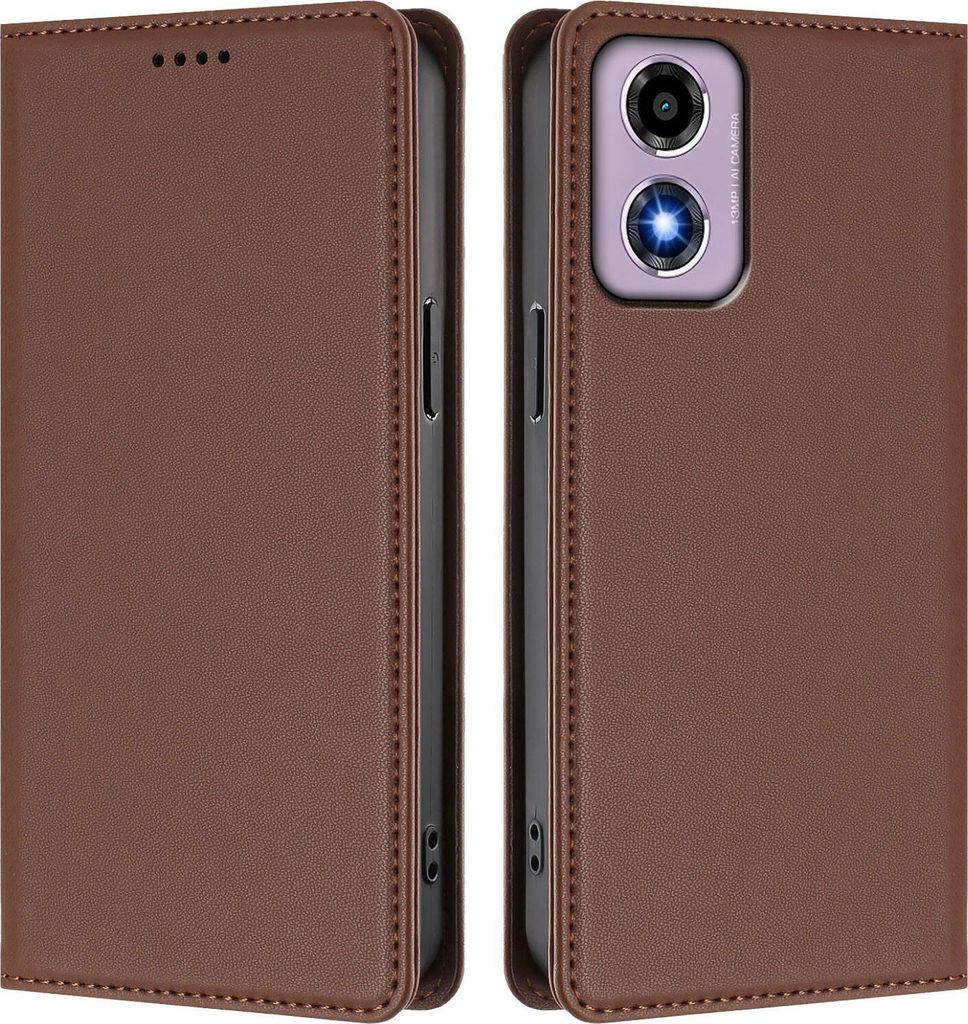 Handyhülle für Motorola Moto E14 / G04 / G04s / G24, Kunstleder Klapphülle Stoßfeste Magnetische Hülle mit Ständer Braun