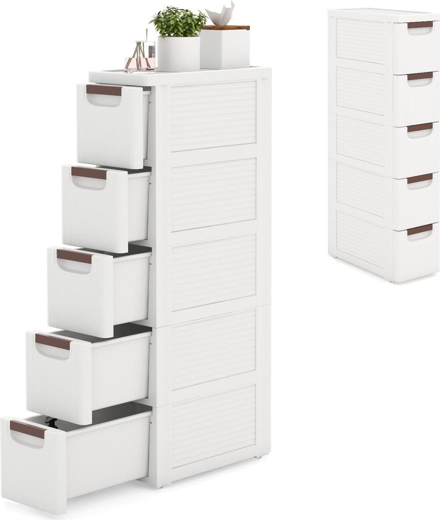 KOMFOTTEU Schmaler Nischenschrank auf Rollen, Rollschrank mit 4 Schubladen, Rollwagen Nischenregal platzsparend, Ordnungswagen Schubladenschrank f...