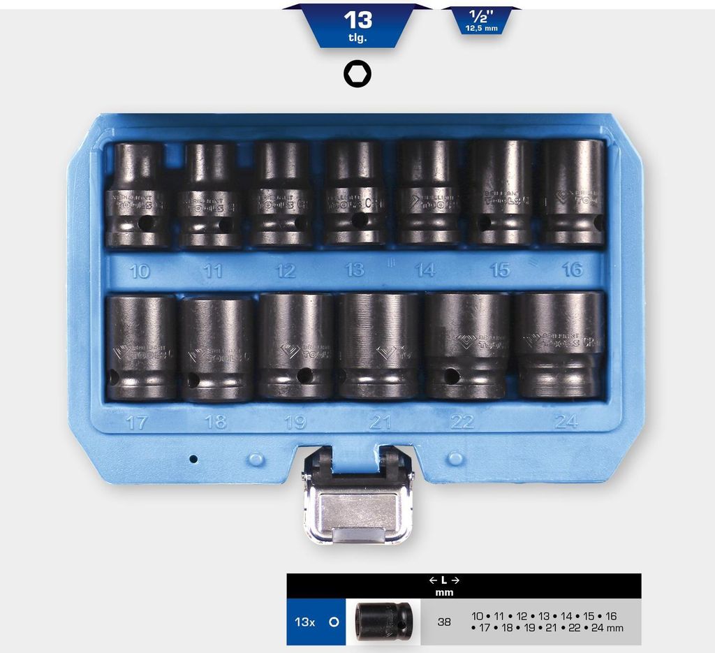 set di bussole elettriche da 1/2", esagono, 13 pezzi, corto Immagine del prodotto 