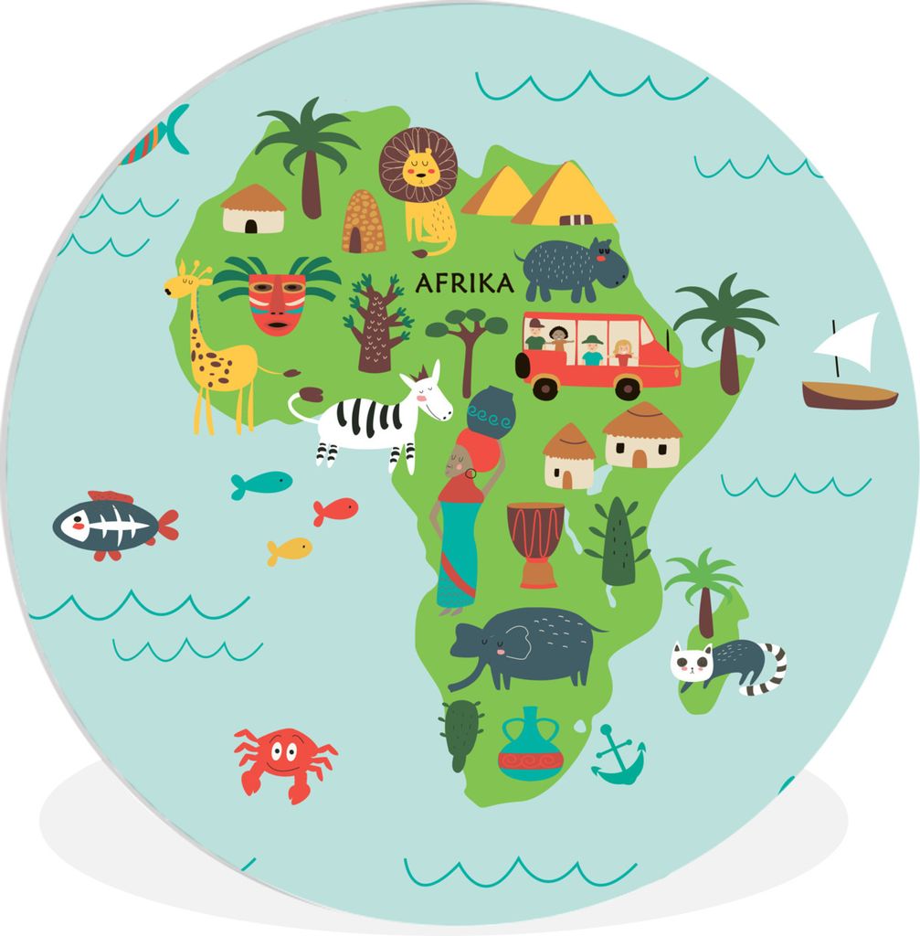 MuchoWow Rundes Wandbild - Runde Bilder Weltkarte Kinder - Tiere - Afrika Ø 60 cm Kreis Wanddekoration Kunststoff - Wandkreis - Wandschmuck - Wa...