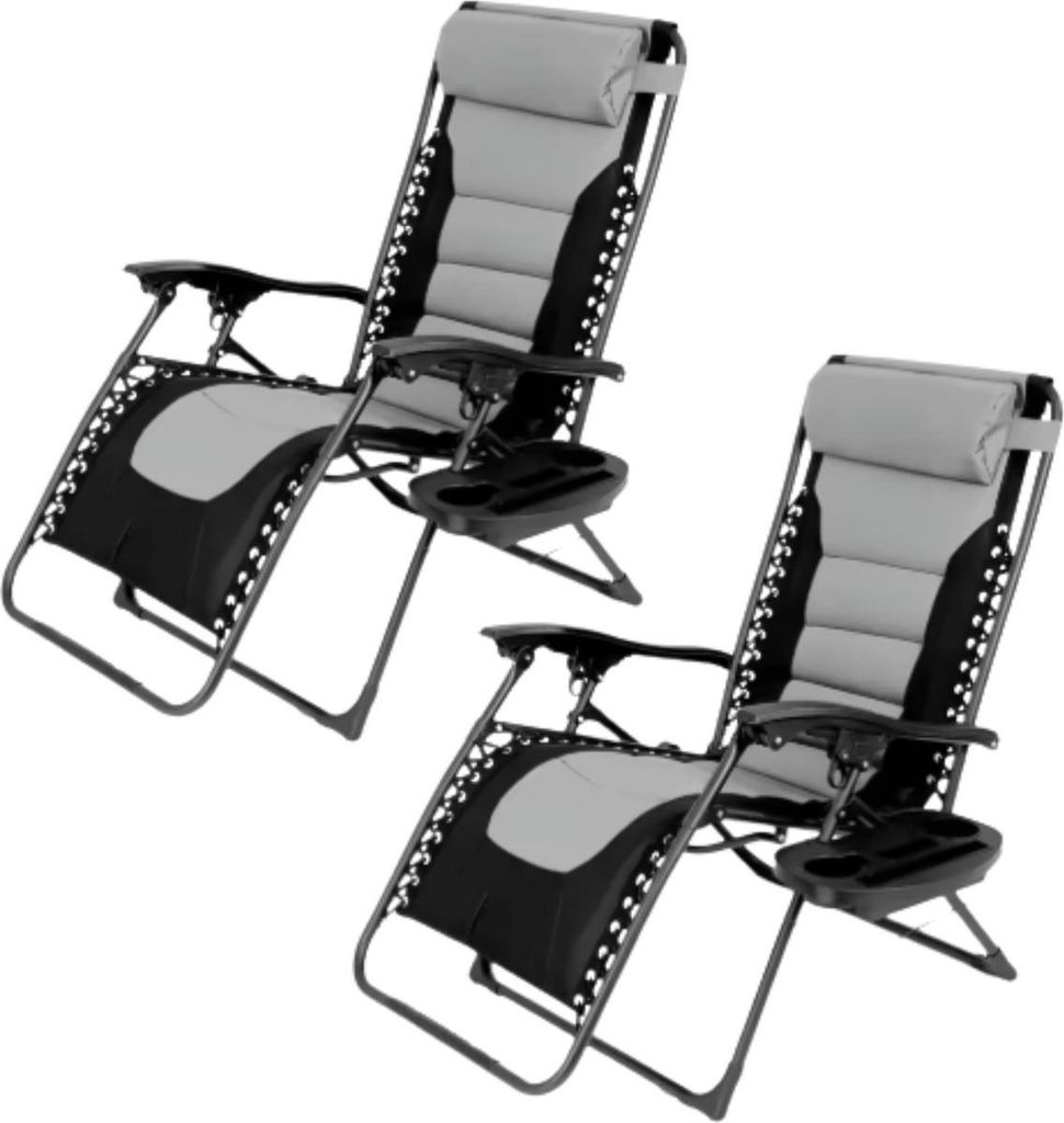 Gepolsterter Zero-Gravity-Loungesessel– 2er Set – Verstellbarer Tuinstuhl – Ligbed – Opvouwbare Sessel mit Kopfstütze und Getränkehalter ...