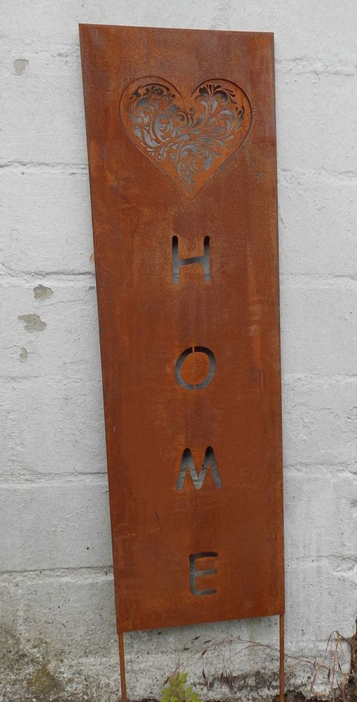Stabiler Gartenstecker Paneel Gartenstab "HOME" mit Herz Eisen Rost 86 cm