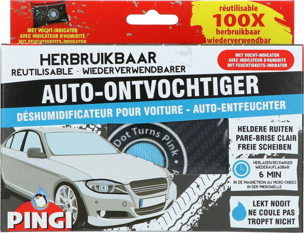 The image shows the packaging of a car dehumidifier.