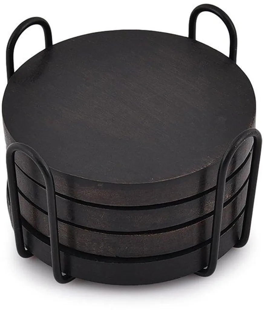 Set de 4 dessous de verre en bois massif acacia noir avec présentoir