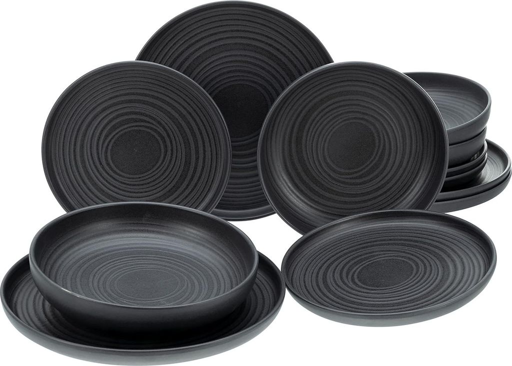 Serie Uno Black Lava Stone Bordenset - 12-teilig - s Geschirr - Esstisch Zubehör Bordenset für 6 Personen