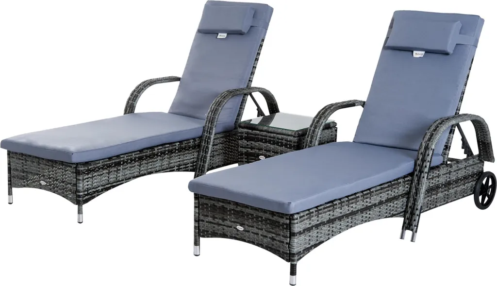 Bain de Soleil Lot de 2 avec Matelas et Table Basse Jardin Résine Tressée