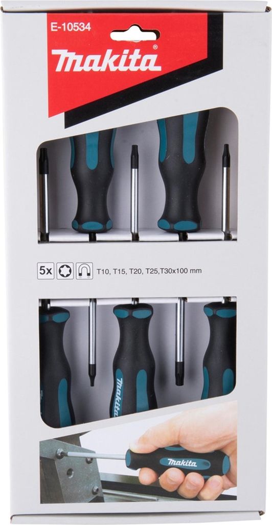 A box containing a set of Makita screwdrivers.