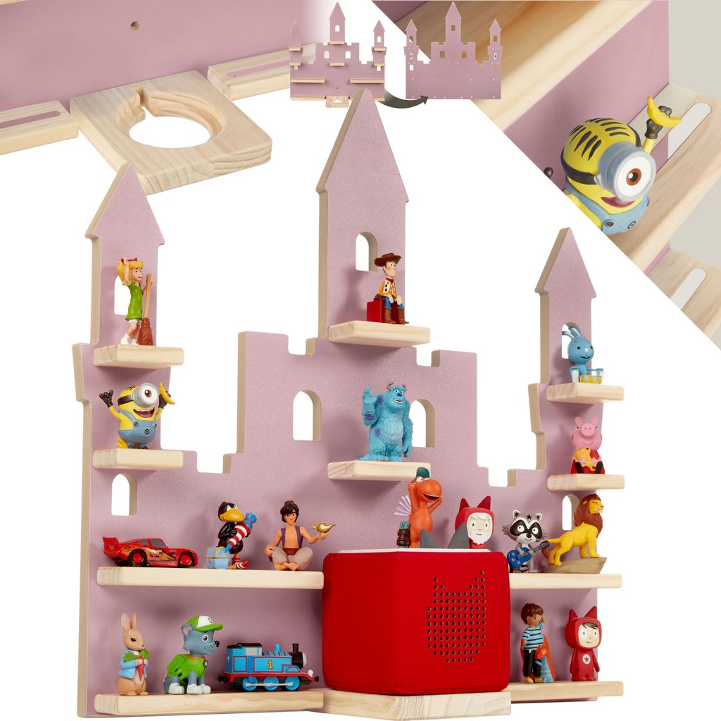 A pink castle-shaped shelf unit filled with various small toys and figurines.