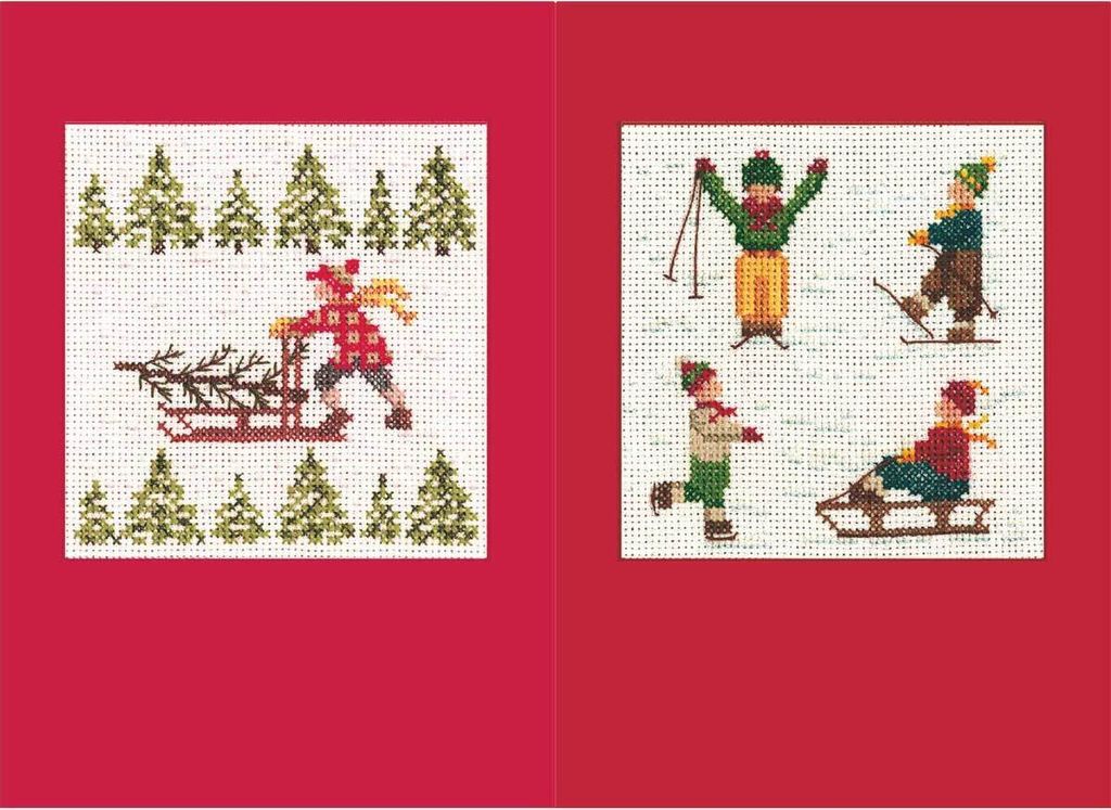 Le Bonheur des Dames Grußkarten 2er Set Kreuzstich Stickpackung "Skifahrer und Schlitten", Zählmuster, 10,5x15cm