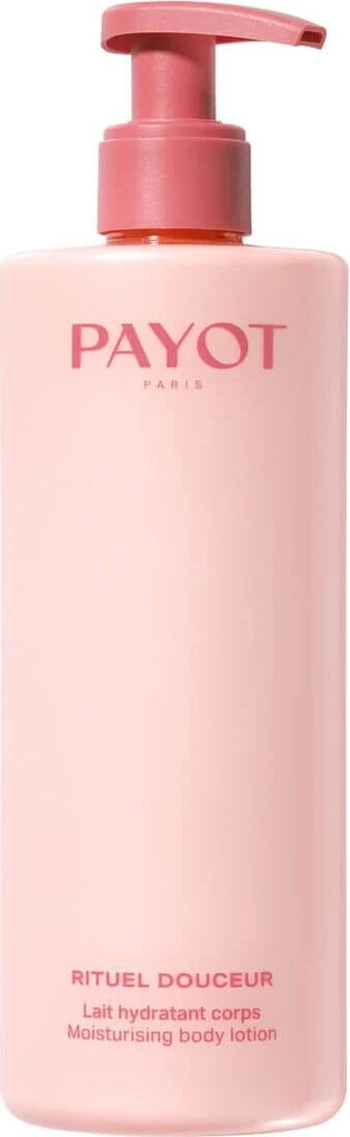 A product shot of a pink pump bottle of body lotion.