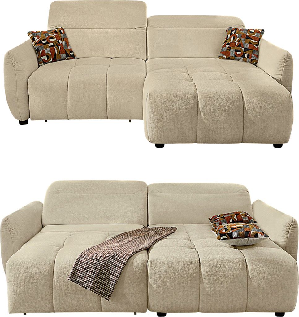 Ecksofa elektrisch USB-C Kopflehne verstellbar Schlafcouch Flachgewebe in Beige / 15405