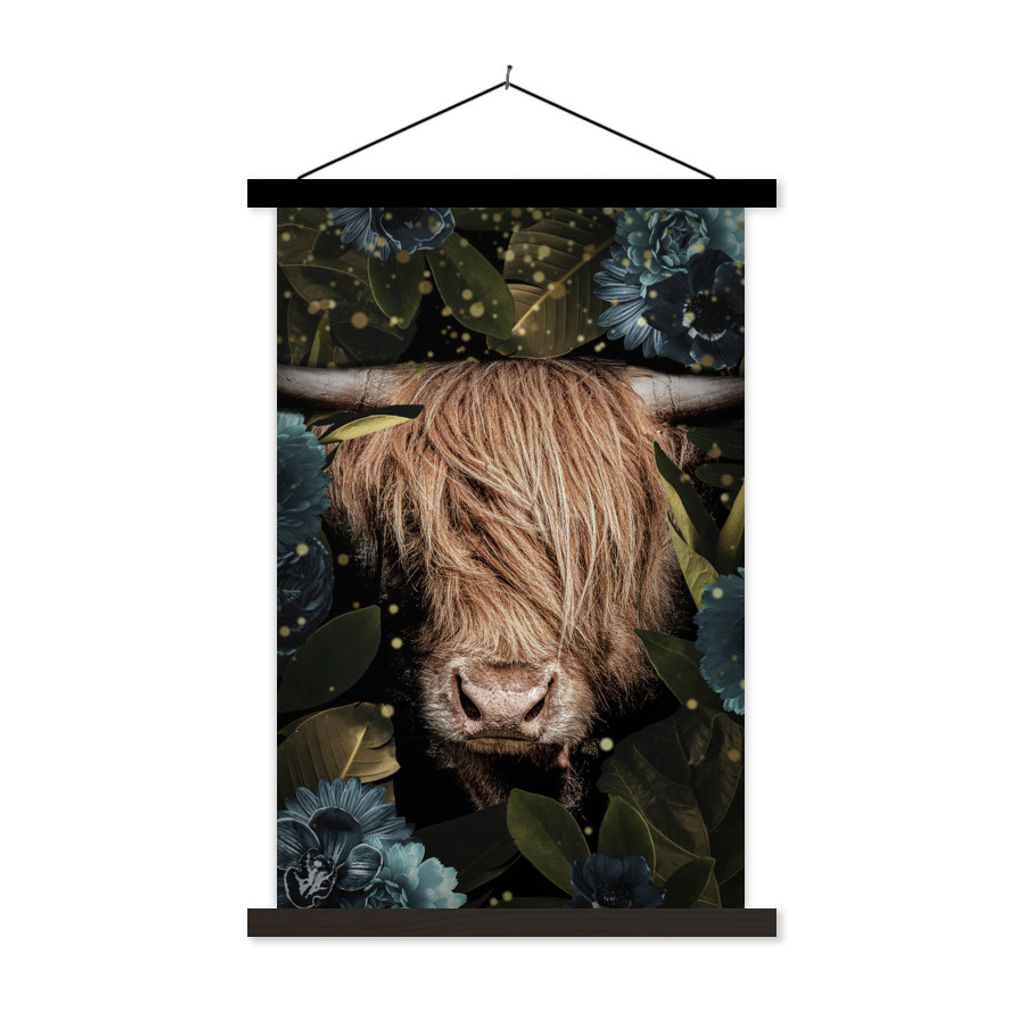MuchoWow Textilposter Schottischer Highlander - Blumen - Gold 60x90 cm mit schwarzem Rahmen - Poster Wohnzimmer