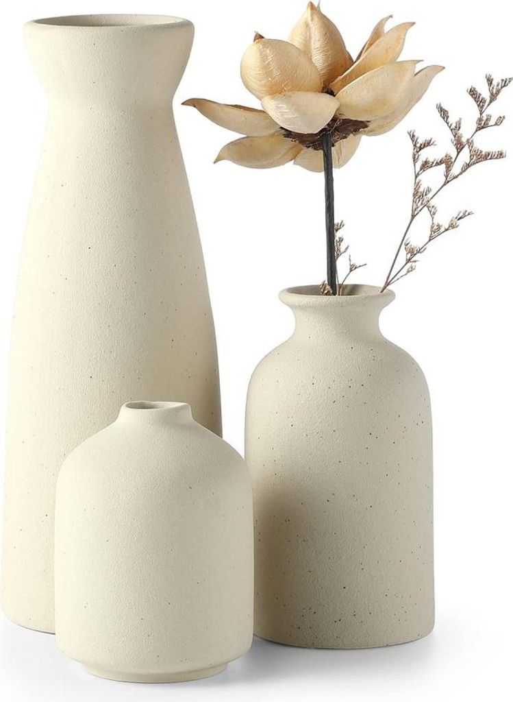 Set 3 Vaze, Ceramica, Design schlicht, 9,5 x 9,5 cm / 12,7 x 7,2 cm / 22,5 x 8,5 cm, Bej