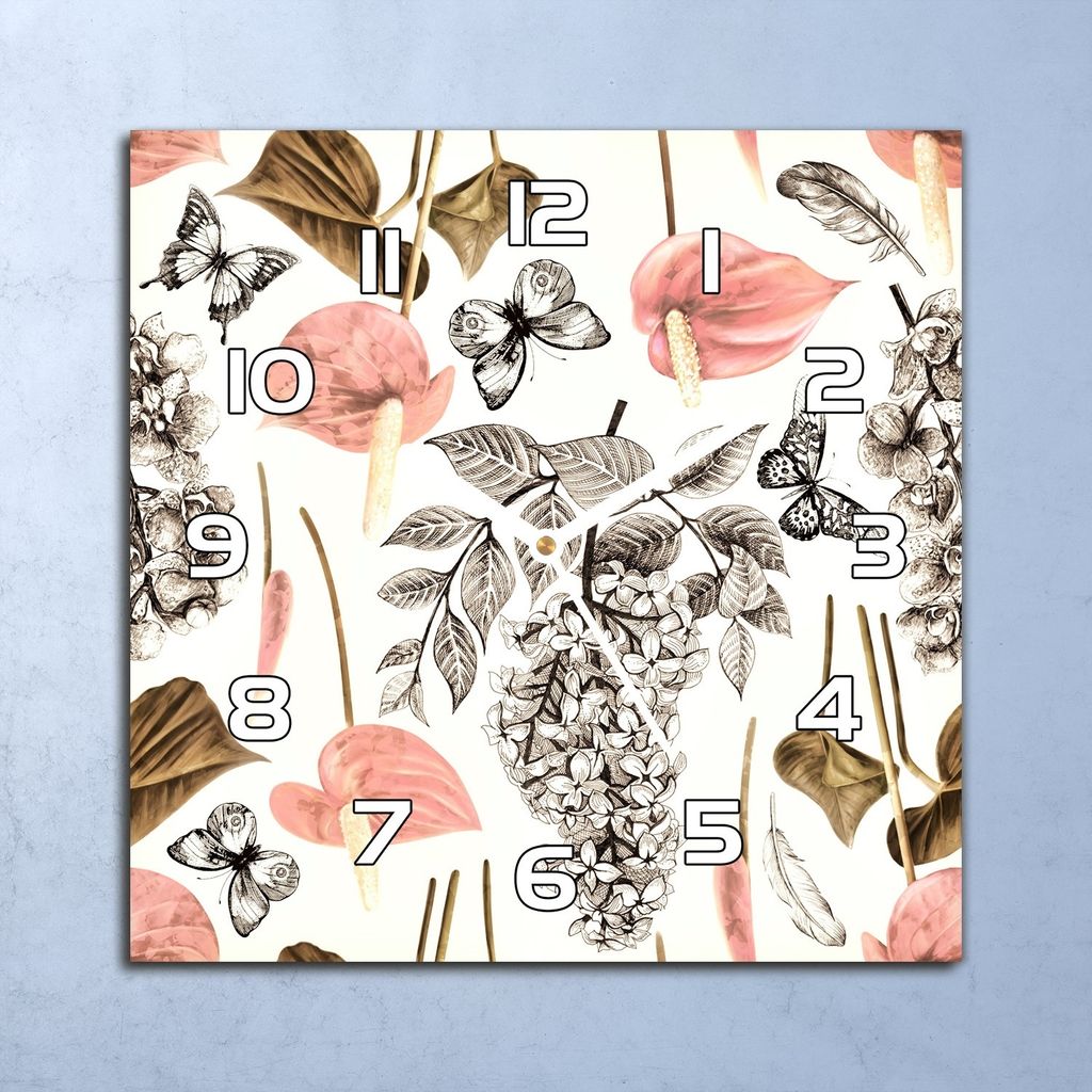 Deko Glasuhr Wanduhr 30x30 Frühlingsblumen Quarz Küchenuhr Bürouhr