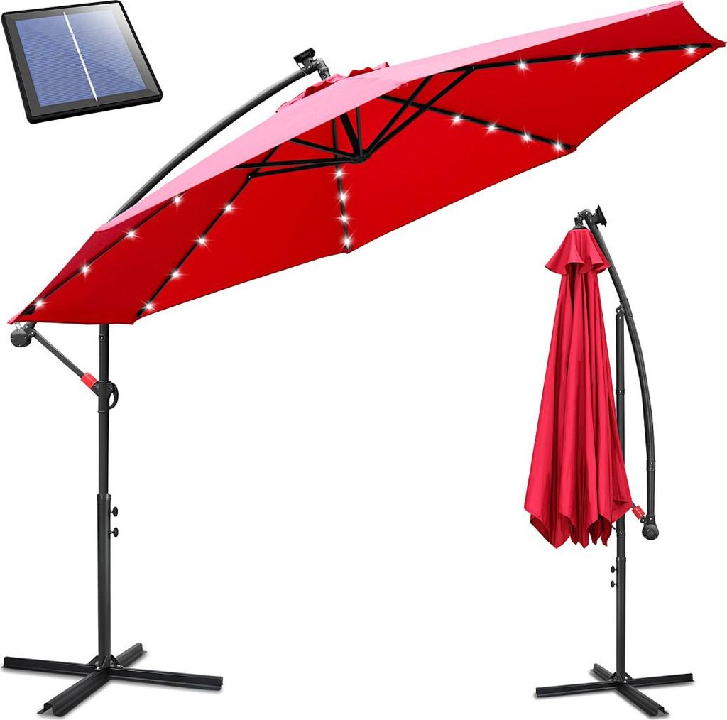 Izrielar Sonnenschirm 3,5m Rot mit LED Beleuchtung, Gartenschirm mit Kurbel, UV 50+ Sonnenschutz, kippbar & wetterfest, inkl. Kreuzfuß