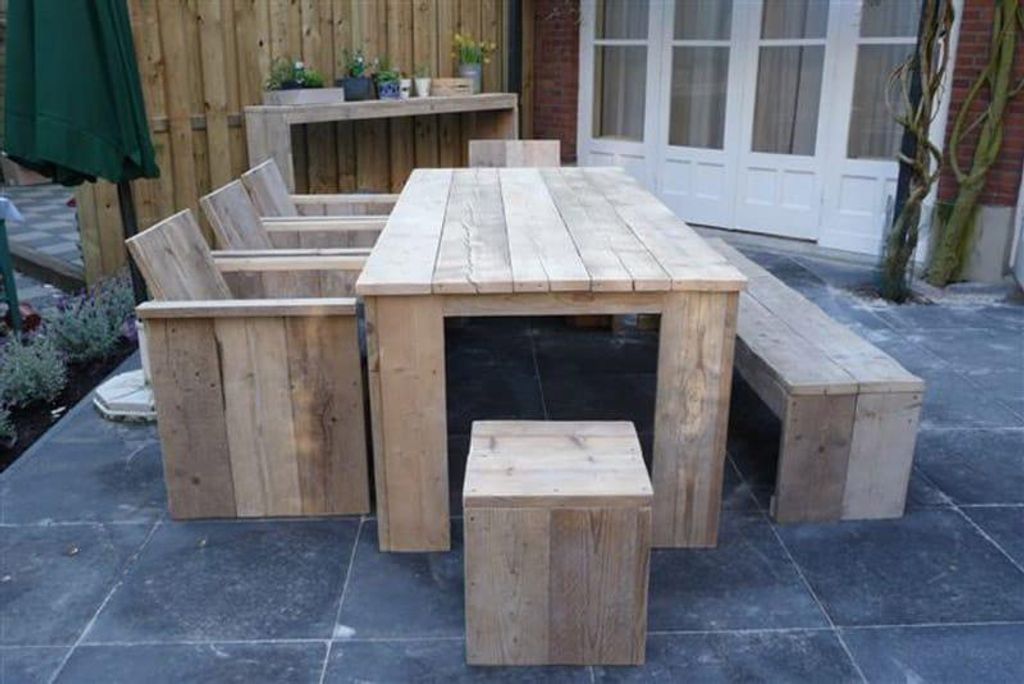 Gartenmöbel-Set Texel, Tisch 200 x 100 + 1 Picknickbank + 2 Stühle + 1 kleiner Hocker