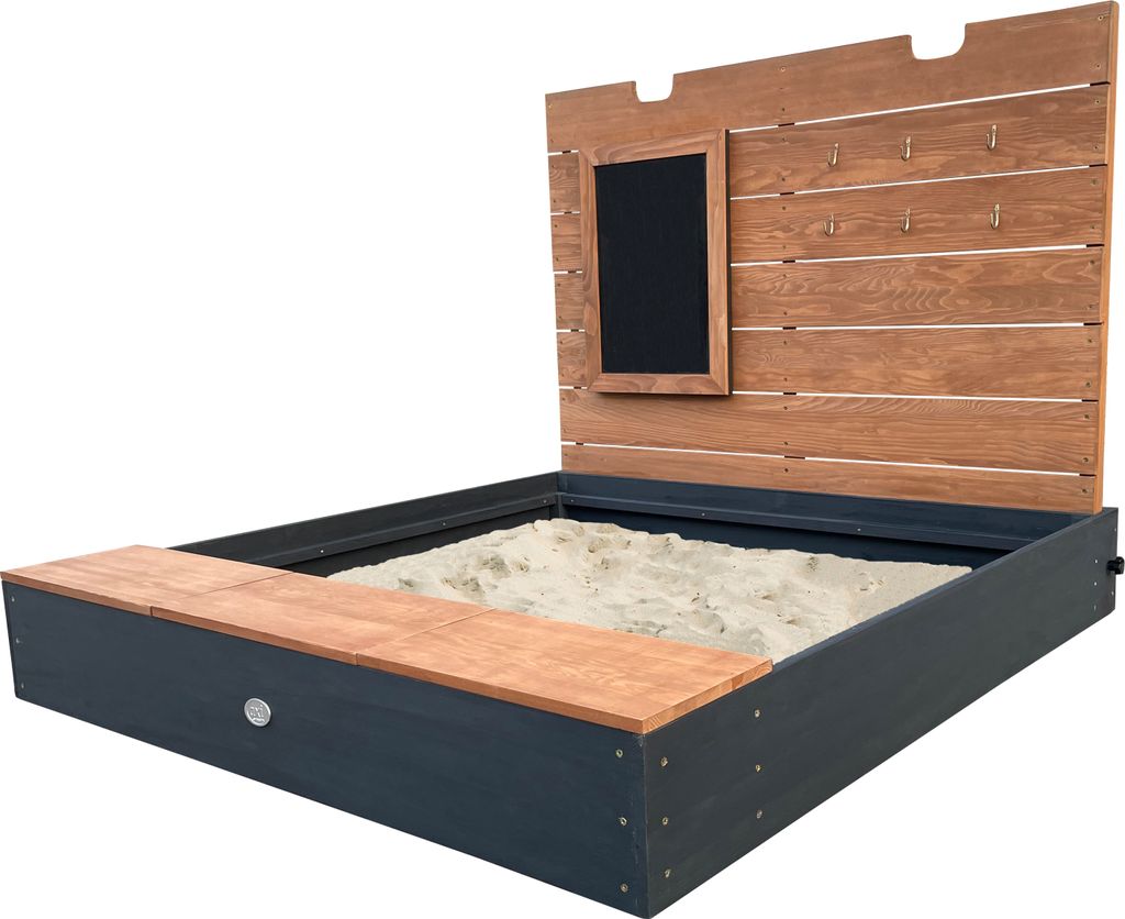 AXI Mandy XL Sandkasten aus Holz mit Sitzbank, Stauraum, Deckel & Kreidetafel | Sand Kasten in Anthrazit & Braun inklusive Bodenplane | 130 x 120 x...