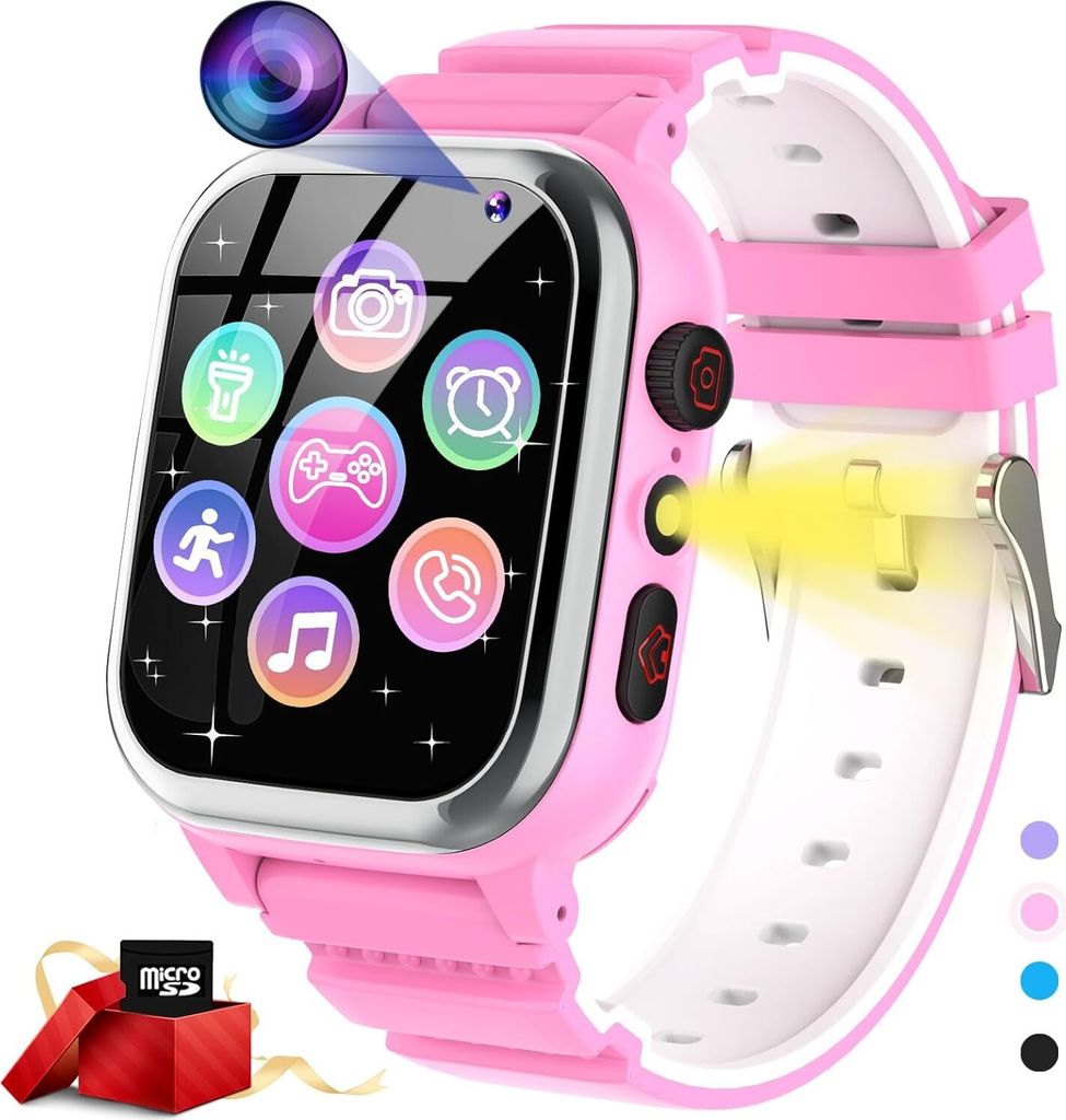 Smartwatch 26 Spiele, Telefon, Schrittzähler, Kalorien SOS, für Jungen Mädchen HD-Kamera, Musik-Player, Video, Stoppuhr, 3–12 Jahre alte Kinder