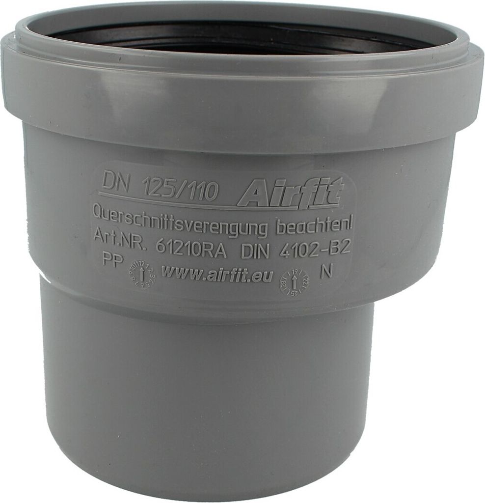 A gray plastic pipe fitting with text and a logo printed on it.