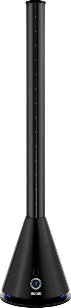 Der Unold TURMVENTILATOR BLACK TOWER ist ein eleganter, schwarzer Turmventilator ohne Flügel, der üb