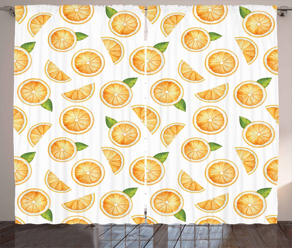 ABAKUHAUS grün orange Rustikaler Vorhang, Orangenscheiben, Wohnzimmer Universalband Gardinen mit Schlaufen und Haken, 280 x 225 cm, Hell Orange Fa...