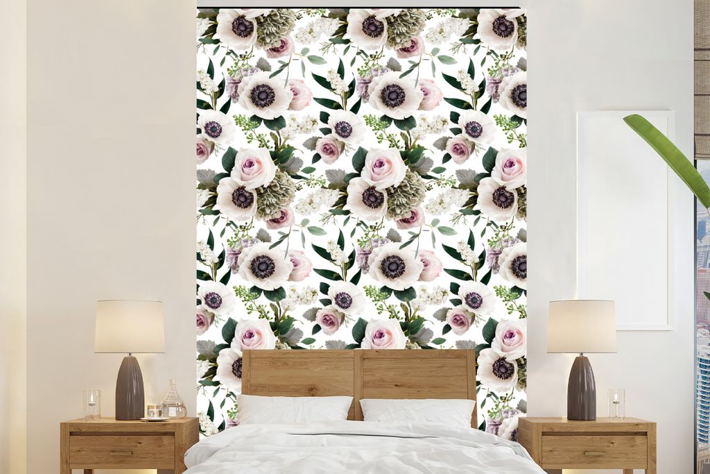 MuchoWow Fototapete für Wohnzimmer oder Schlafzimmer Wandtapete Vinyl Motivtapete Blumen - Rosen - Anemone - 170x260 cm - Wohnzimmertapete