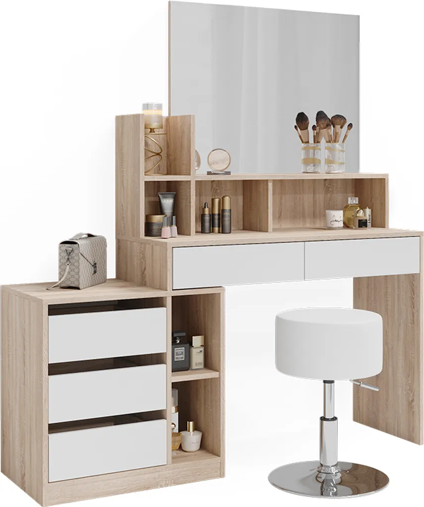 Coiffeuse de Chambre avec Tabouret Vicco Anja, Grand Miroir 140cm Blanc