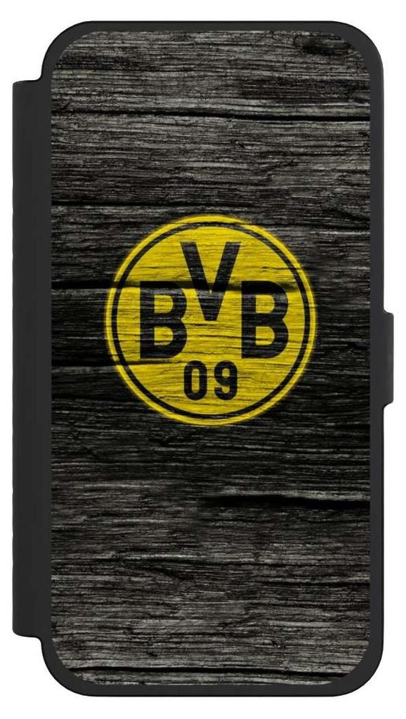 NIVOCASE Klapphülle für Apple iPhone 15 Pro Max Handyhülle aus Kunst Leder NIVOflip schwarz BVB Borussia Dortmund Holzoptik