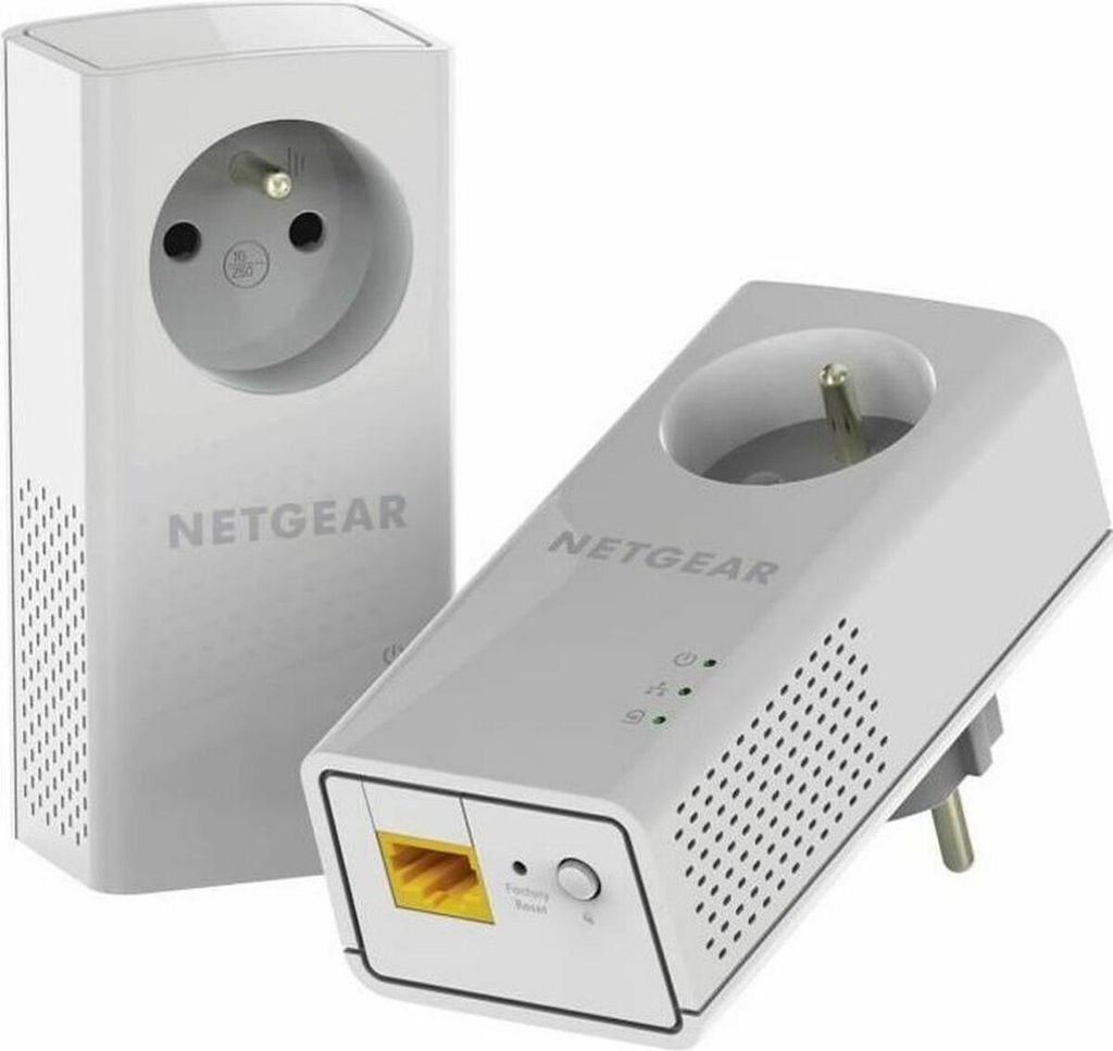 Two white Netgear powerline adapters are shown against a white background. One is upright, and the other is angled.
