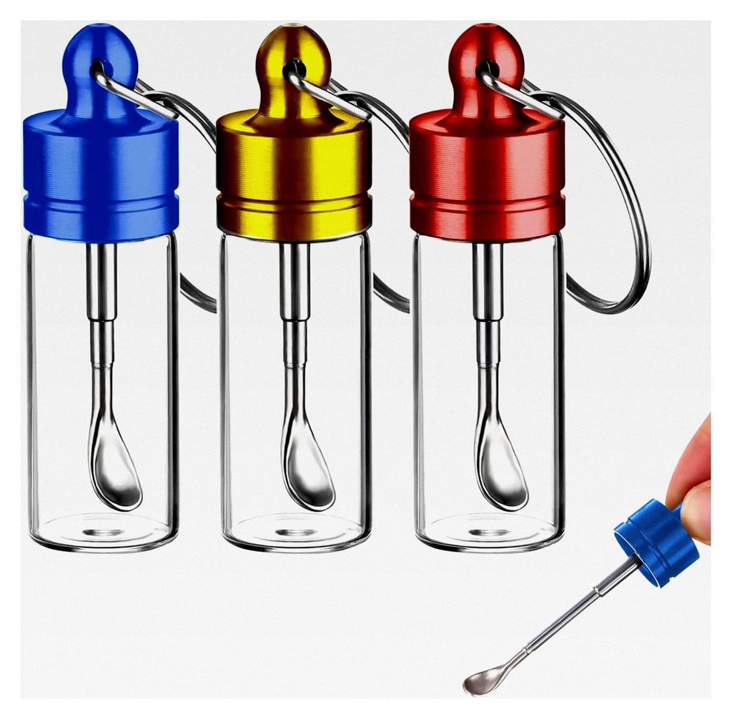 3er Set Aufbewahrung für Schnupftabak, Mini Glasbehälter 6cm hoch mit Schlüsselanhänger (Rot, Gold, Blau) für Küchenzubehör und Gewürzaufbe...