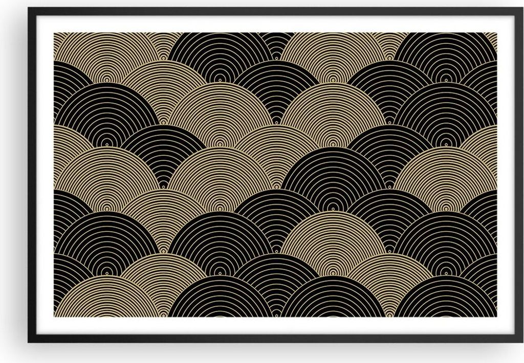 Gerahmtes Poster - Schwarzer Rahmen - Schwarz und Gold Kreise Grafiken - 91,5x61 cm - Wand Bild - Wanddeko - Wandbilder - Kunstposter - Wandposter ...