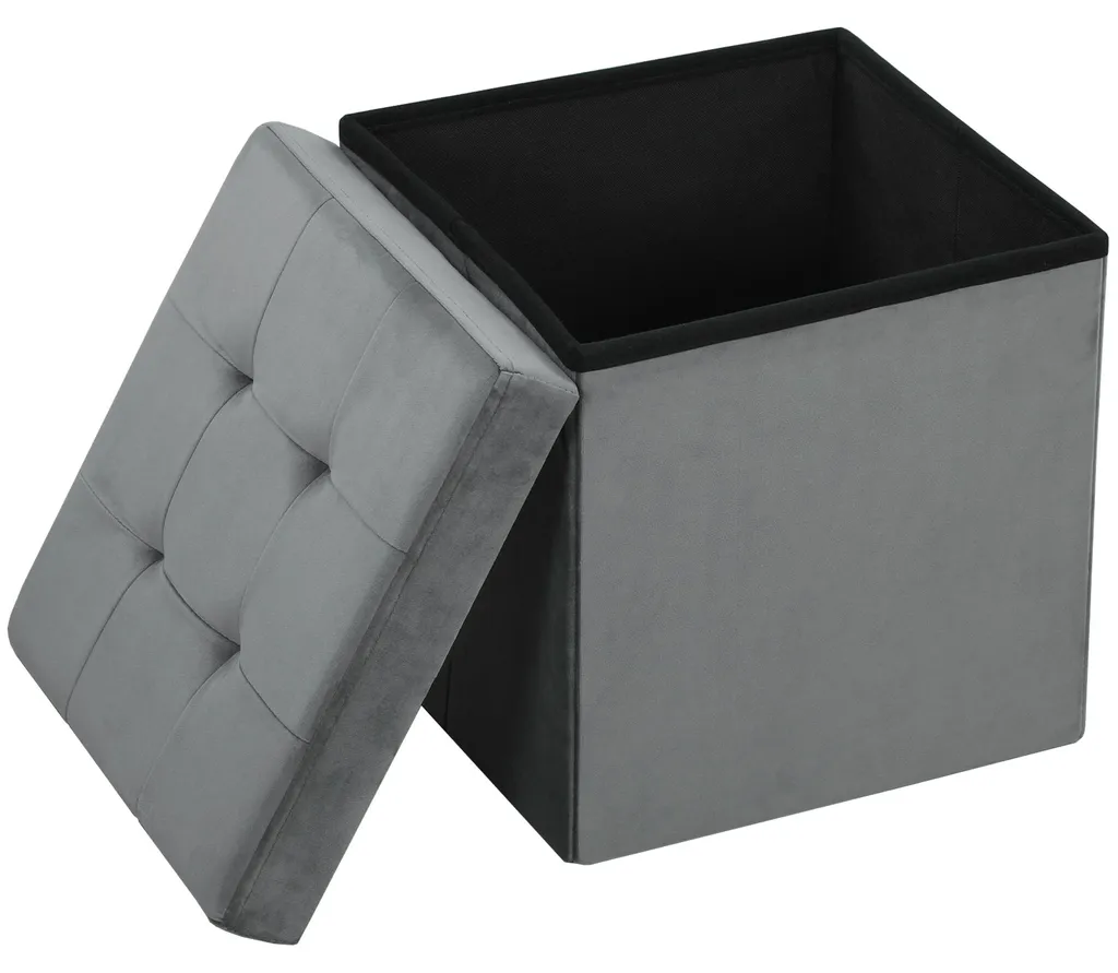 Tabouret de rangement carré en velours gris - Pouf pliable polyvalent 38cm