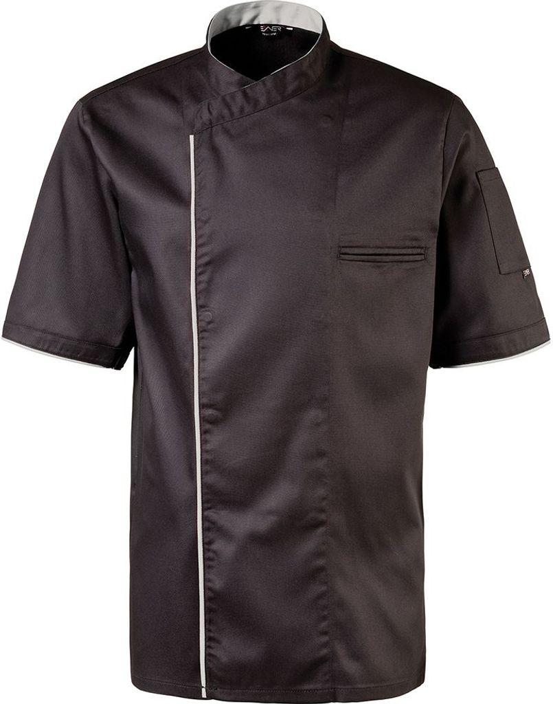 Kochjacke halbarm, Druckknöpfe, Fb. schwarz, Paspel grau, Produktbild 