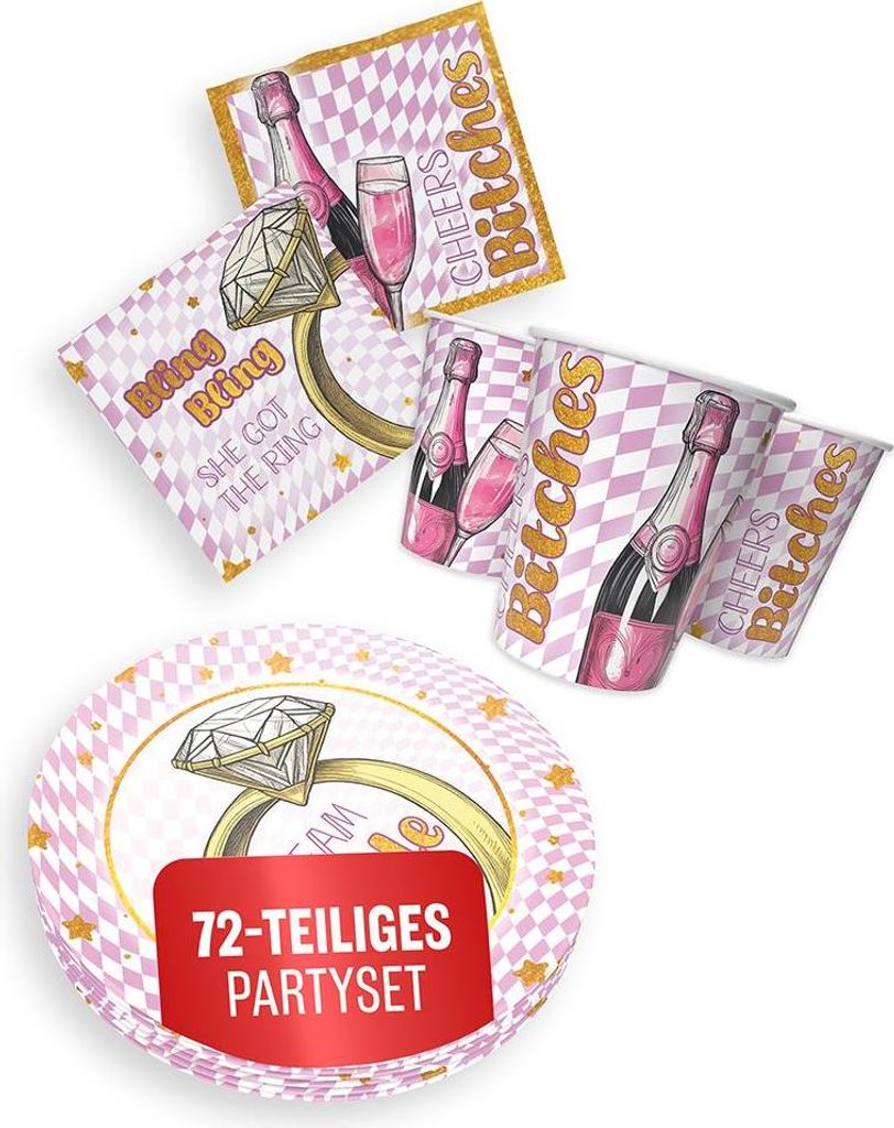 Bachelorette Bling Bling 3-teiliges Party-Set mit 16 Papptellern, 16 Pappbechern und 40 Servietten