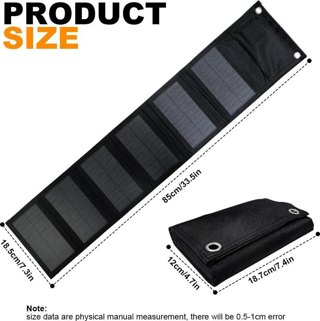 Tragbares Solarpanel - Faltbares Solarladegerät - 60W - USB 5V DC - 6 Paneele - Monokristallin 21,8% - Für Handy & Powerbank - Schwarz