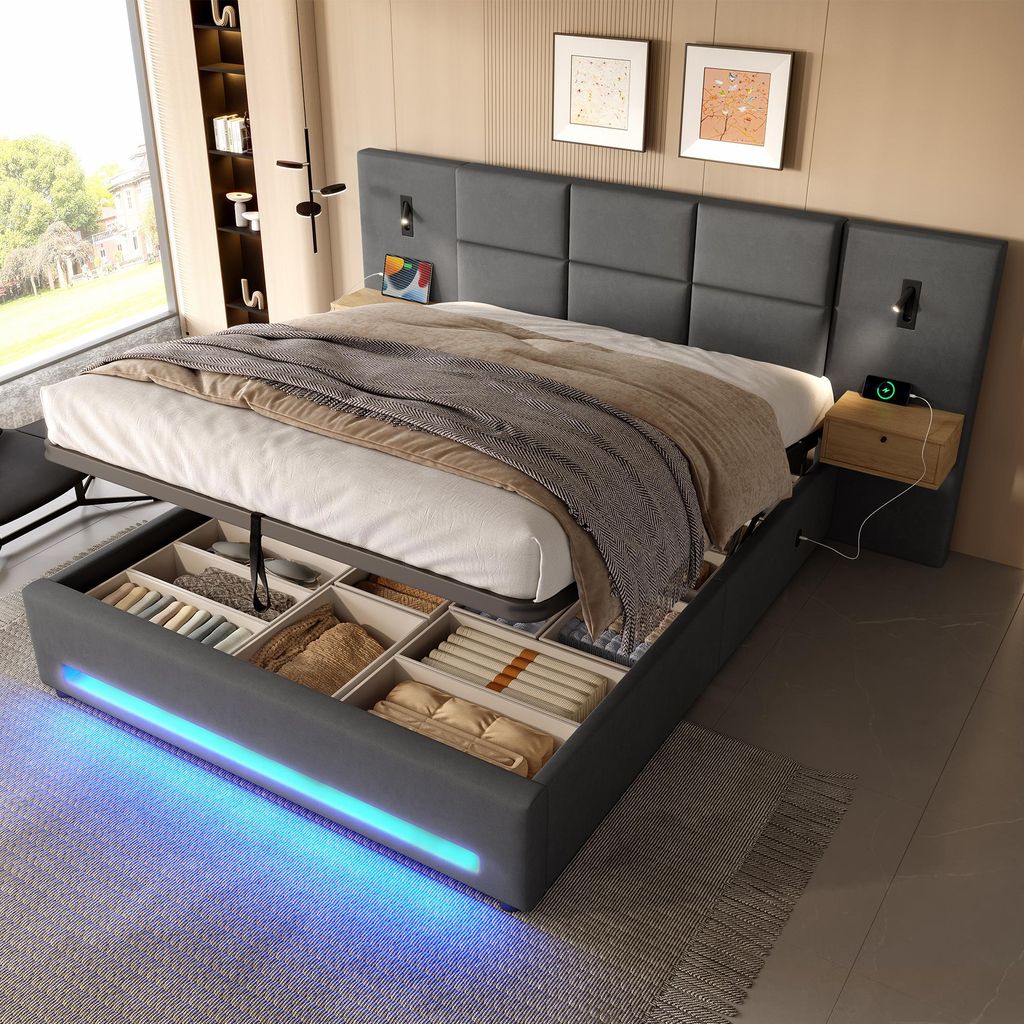 Polsterbett 180x200 Samt Ehebett mit Hydraulischem Stauraum & Schubladen Doppelbett Kopfteil Nachtlicht LED USB-C Funktionsbett Bettgestell Grau