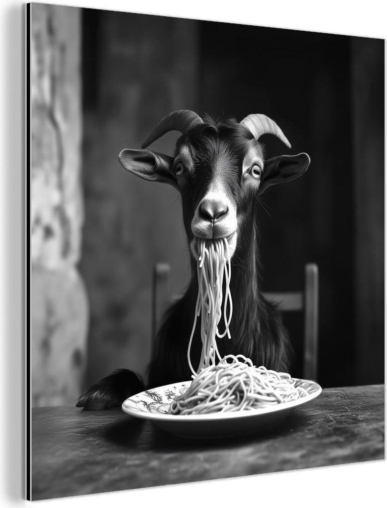 MuchoWow Wanddekoration Metall Metallbild Wandkunst 50x50 cm Ziege - Teller - Spaghetti - Schwarz und weiß MuchoWow Aluminium Gemälde - Alubild -...