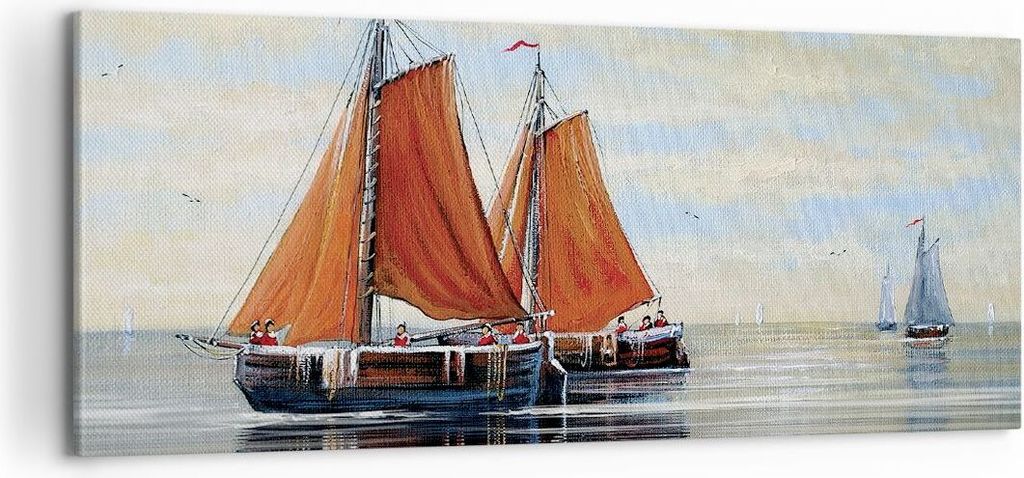 Bild auf Leinwand - Leinwandbild - Einteilig - Segelschiffe Öl Orange - 100x40cm - Wand Bild - Wanddeko - Wandbilder - Leinwanddruck - Bilder - Wa...
