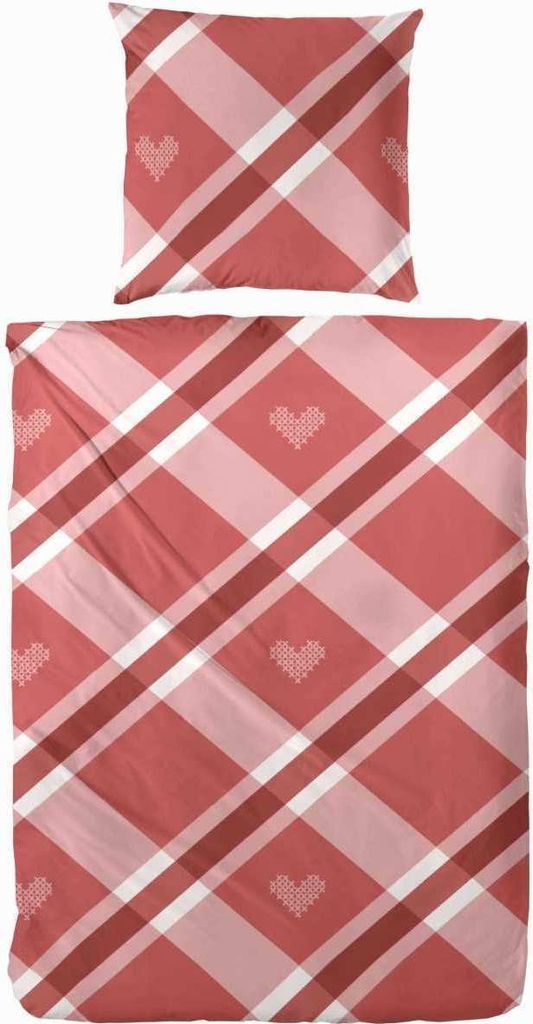 Magita Feinbiber Bettwäsche Kariert Herzen Rot 100% Baumwolle Reißverschluss Bettbezug Kissenbezug Bettgarnitur Bettwäsche-Set 135x200 cm