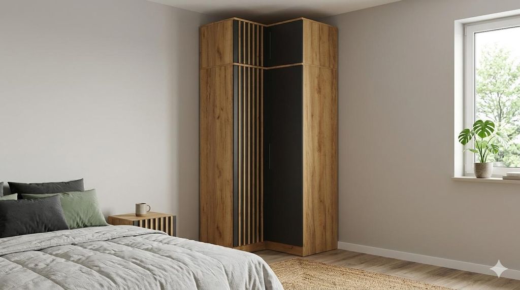 Sorento Eckkleiderschrank + Erweiterung - Schwarz, Lamellen Craft Gold - 50 x 61 x 245 cm